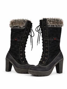 Cubanas Manjuari 1200 Mode Black Fur Trim Lace Up Heeled Boots Women’s Size 9